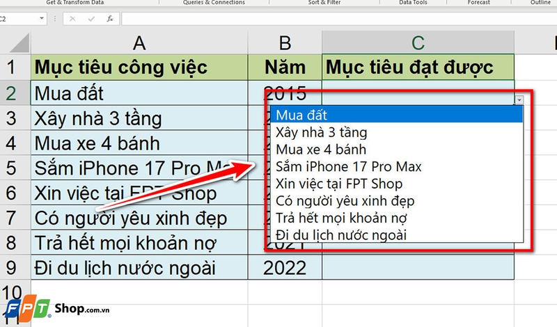 Cách tạo danh sách sổ xuống trên Excel - 07