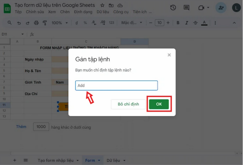Hãy  chỉ định tập lệnh “Add” và nhấn “OK”.