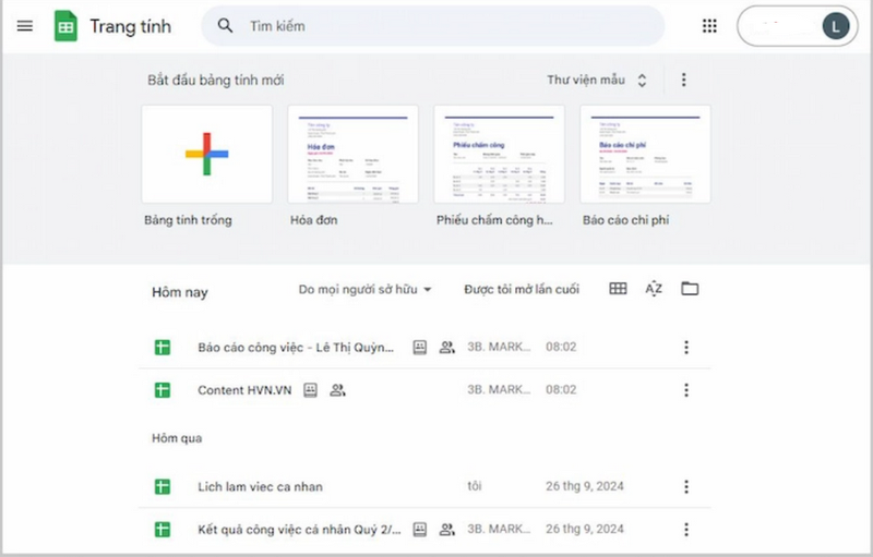 Giao diện của Google Sheets sẽ tự động tải và hiển thị