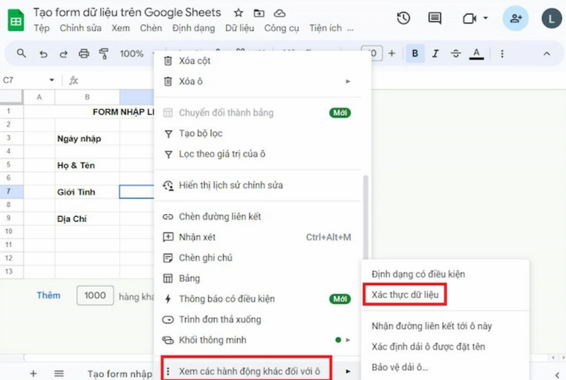 Cách xác thực dữ liệu Giới Tính