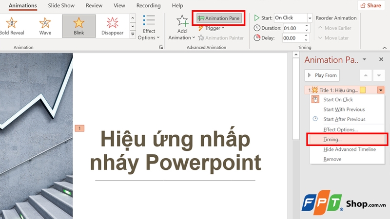 Chọn Timing để tùy chỉnh hiệu ứng nhấp nháy