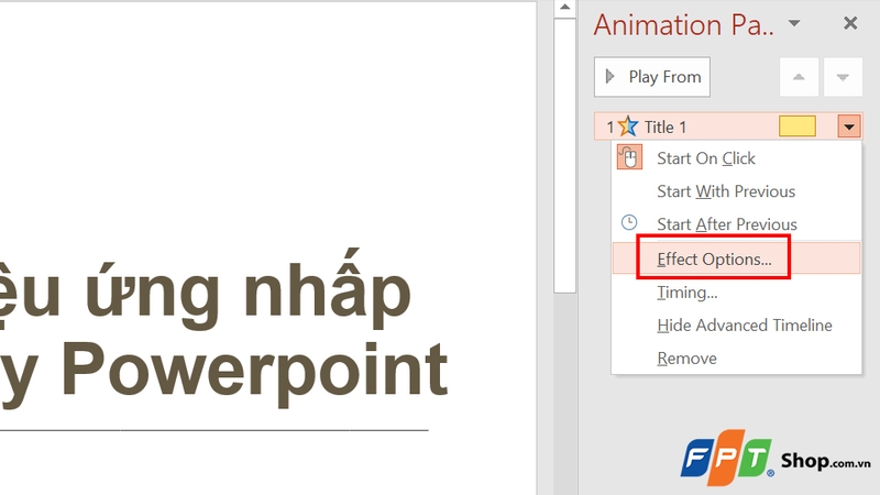 Trong Animation Pane, nhấn Effect Options