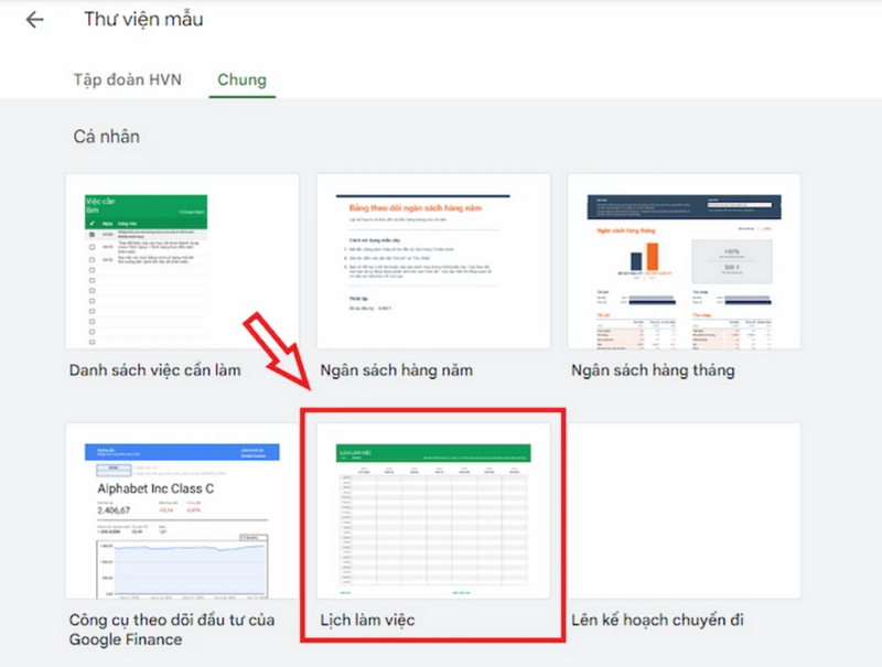 Khi chuyển sang trang Thư viện mẫu