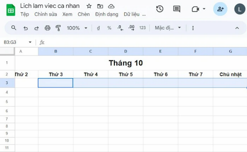 Bạn cần nhập các ngày trong tuần vào từng ô