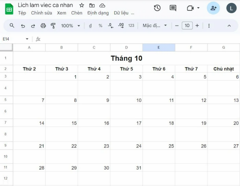 Hãy điền các ngày trong tháng vào lịch