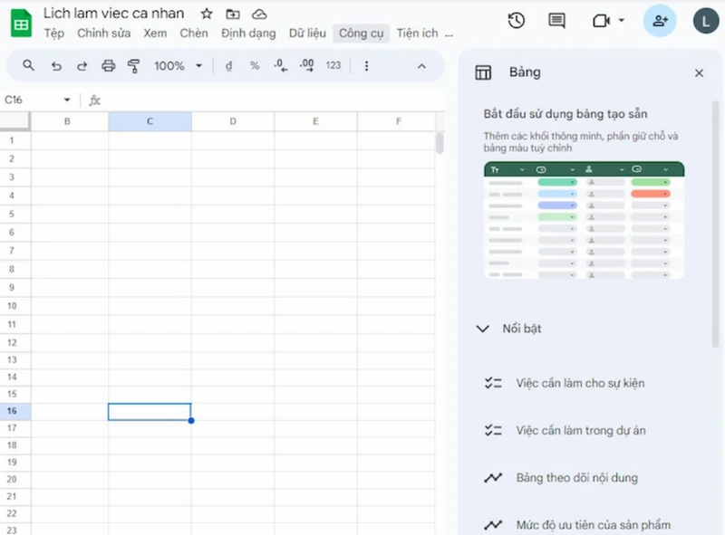Tạo lịch trên Google Sheet bằng gợi ý Tables