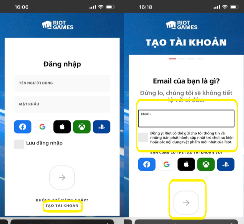 Khi trang đăng nhập xuất hiện, hãy bấm vào ô "Tạo tài khoản"