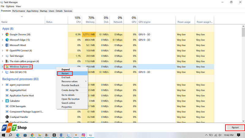 Khởi động lại Windows Explorer bằng Task Manager