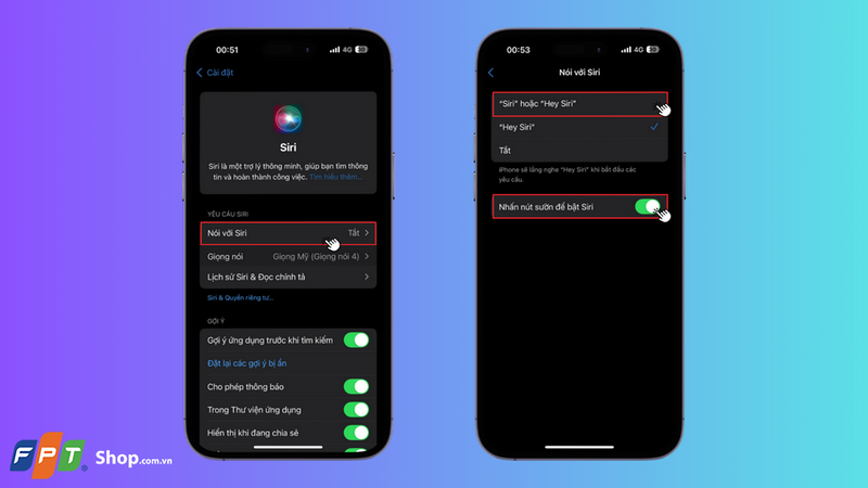 Nhấn vào mục Nói với Siri, chọn dòng “Siri” hoặc “Hey Siri” và nhấn bật mục Nhấn nút sườn để bật Siri