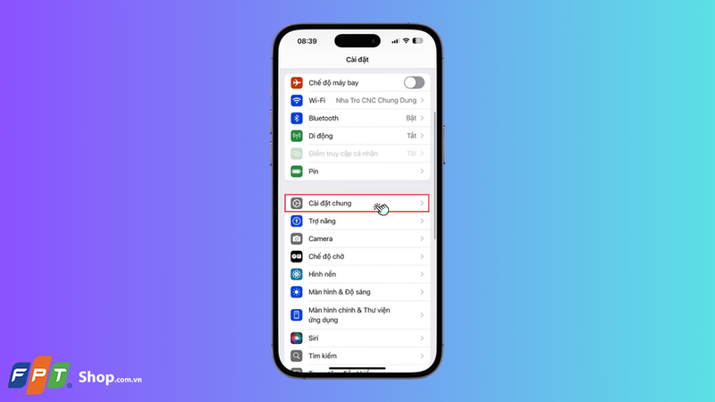 Trong giao diện ứng dụng Cài đặt, nhấn chọn mục Cài đặt chung