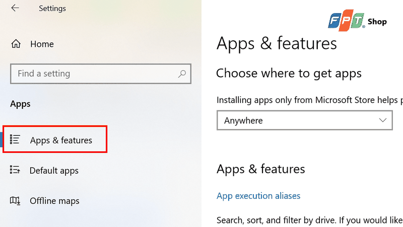 Vào phần Apps & features