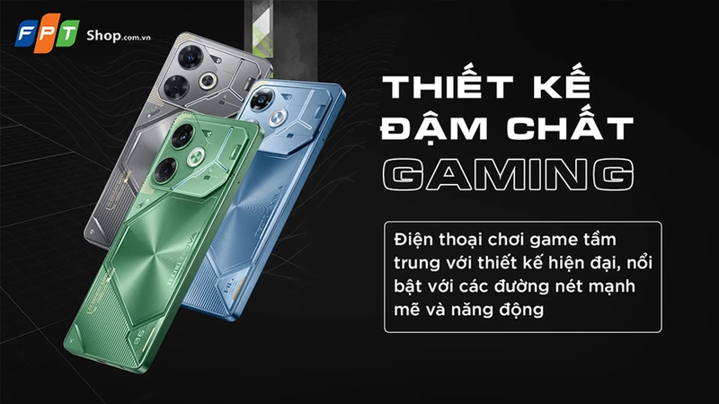 Mặt lưng Tecno Pova 6 chế tạo từ nhựa giả kính bóng bẩy