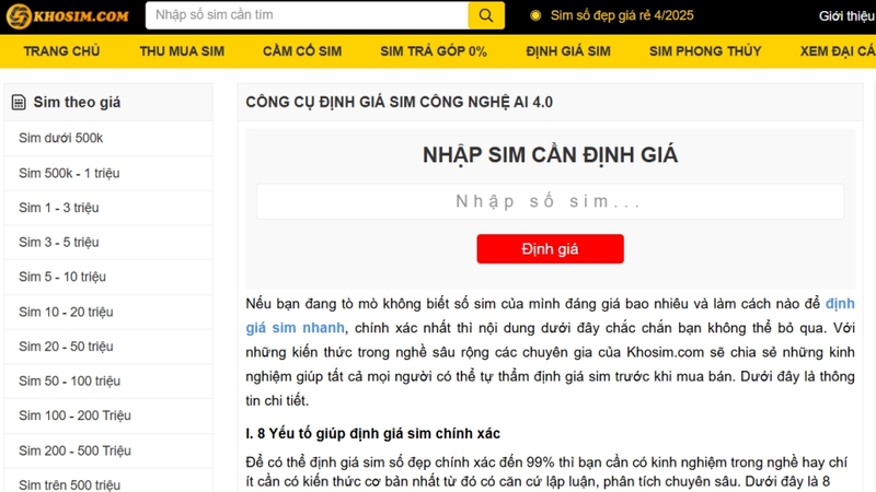 Web khosim.com hỗ trợ định giá số điện thoại nhanh chóng, miễn phí và chính xác đến 99%