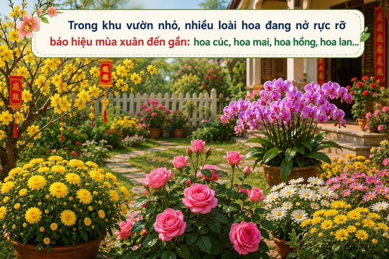 Trong khu vườn nhỏ, nhiều loài hoa đang nở rực rỡ báo hiệu mùa xuân đến gần