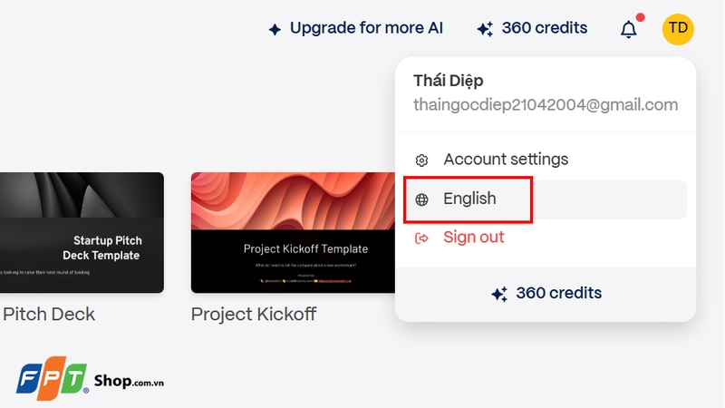 Nhấn vào mục Ngôn ngữ trong menu hồ sơ người dùng