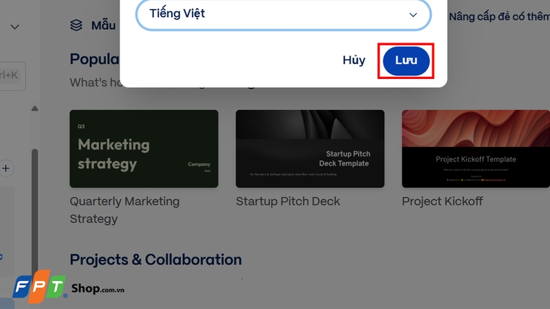 Chọn ngôn ngữ và lưu thay đổi