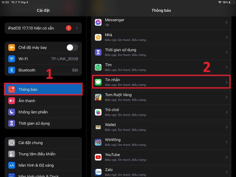 Thay đổi thông báo tin nhắn trên iPad 2