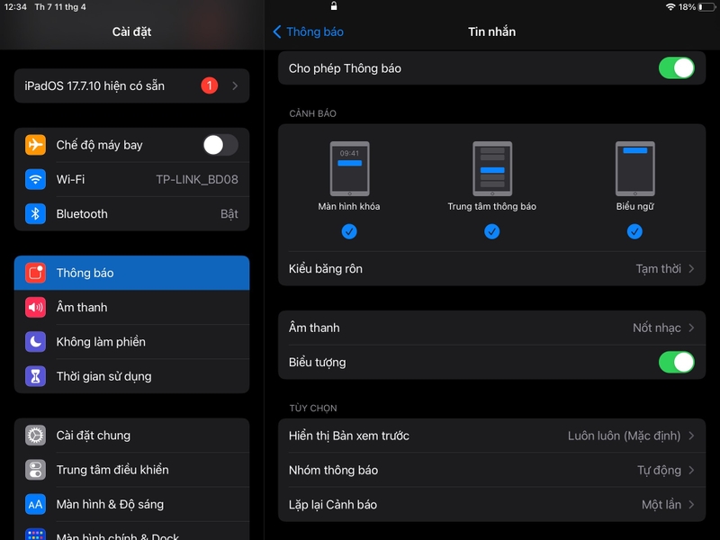 Thay đổi thông báo tin nhắn trên iPad 3