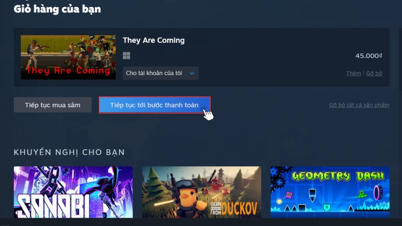 Nhấn Tiếp tục tới bước thanh toán