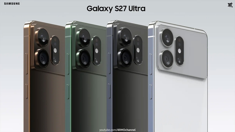 Galaxy S27 Ultra xuất hiện trong bốn phối màu concept, với thiết kế mặt lưng và cụm ống kính được tái hiện chi tiết.
