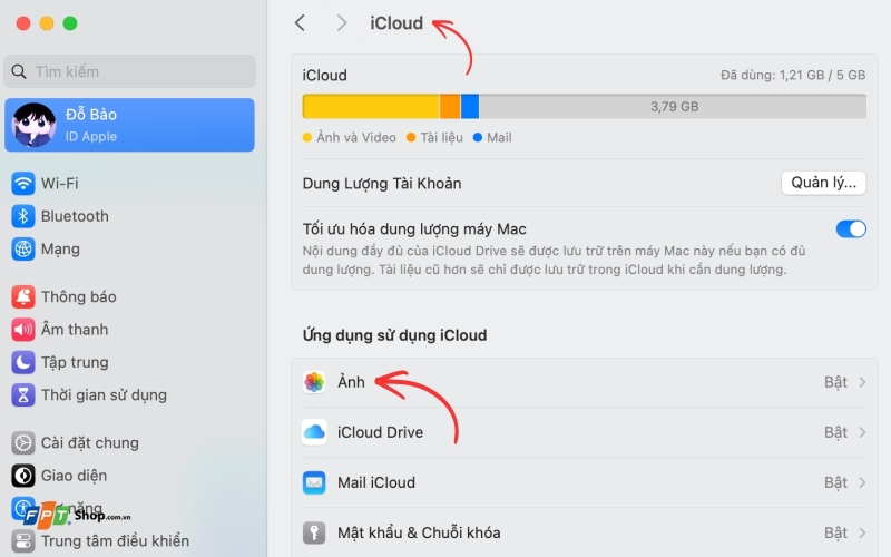 Truy cập mục iCloud để xem các tùy chọn đồng bộ dữ liệu trên thiết bị