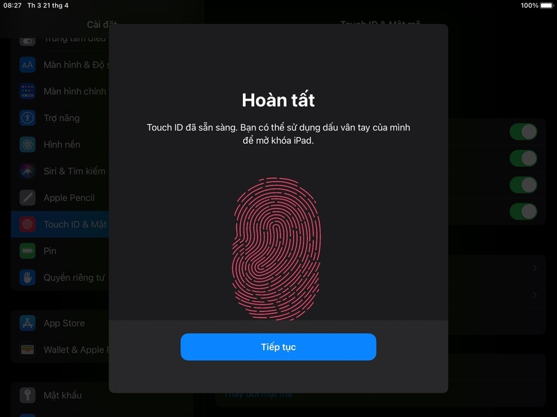 thiết lập Touch ID trên iPad 6