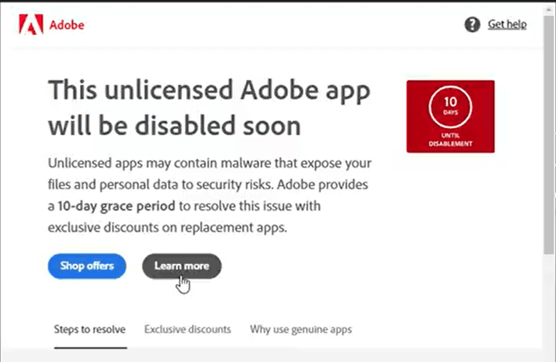 This unlicensed Adobe app will be disabled soon là lỗi gì?