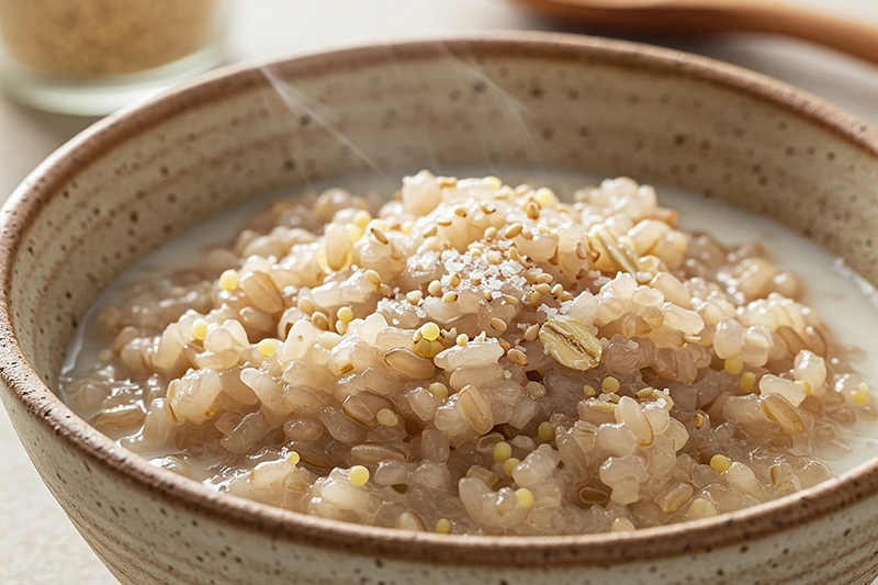 Cháo ngũ cốc (gạo lứt, yến mạch, hạt kê) + muối mè