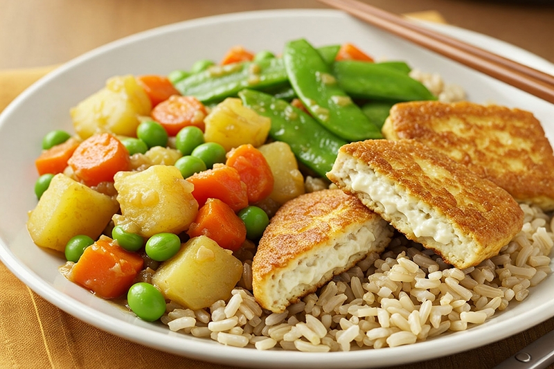 Cơm gạo lứt + rau củ hầm (khoai tây, cà rốt, đậu cô ve) + đậu phụ chiên vàng