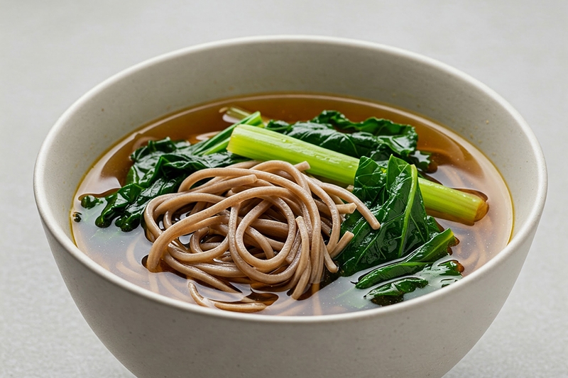 Mì soba lúa mạch nấu súp miso + rau cải thìa luộc