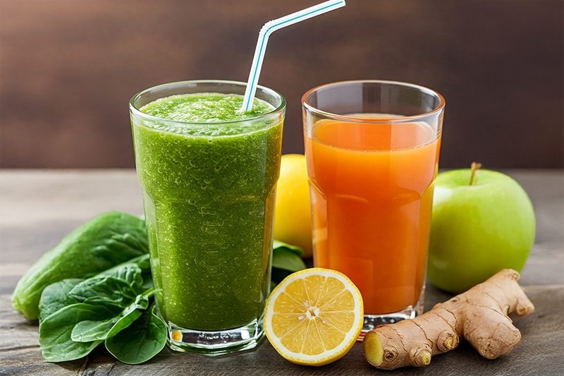 Sinh tố rau xanh (cải bó xôi, táo, chanh, gừng) hoặc nước ép trái cây ít ngọt
