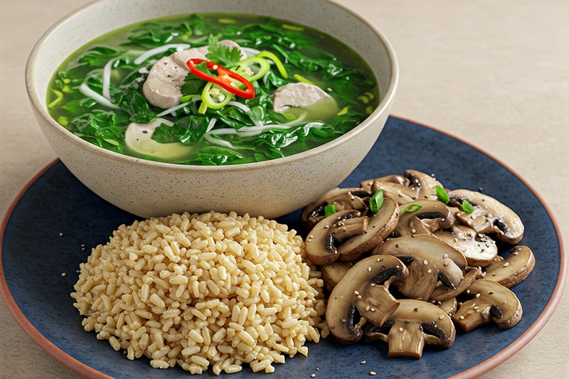 Cơm gạo lứt + nấm kho tiêu + canh rau dền