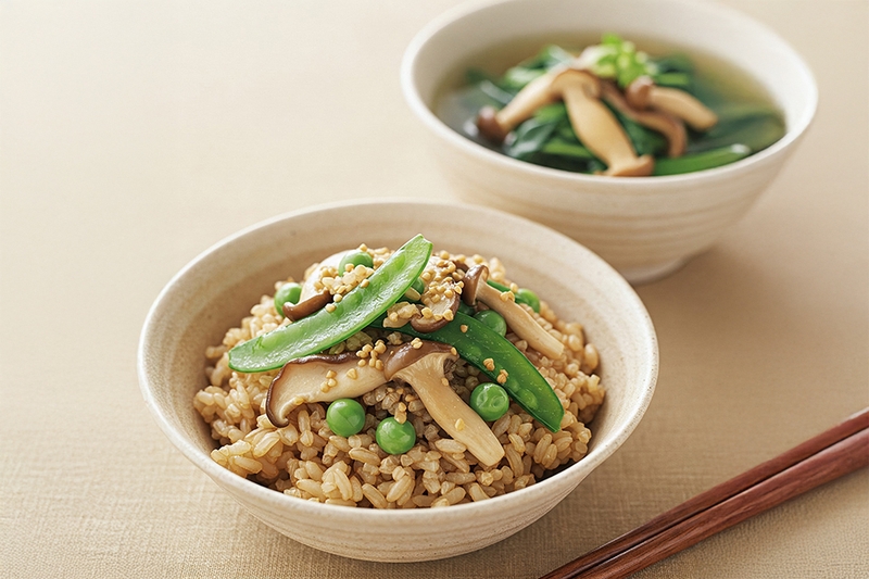 Cơm gạo lứt + đậu Hà Lan xào nấm + canh cải thìa nấu với nấm rơm