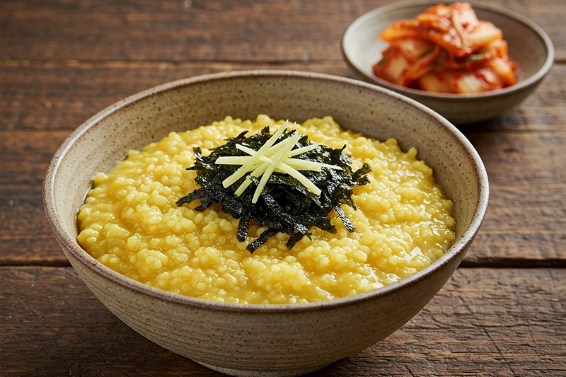 Cháo kê + rong biển xào gừng + kim chi (làm từ cải thảo hữu cơ, ít gia vị)