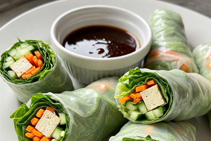 Bánh cuộn rau củ (cuốn xà lách, dưa chuột, cà rốt, đậu hũ, chấm tương)