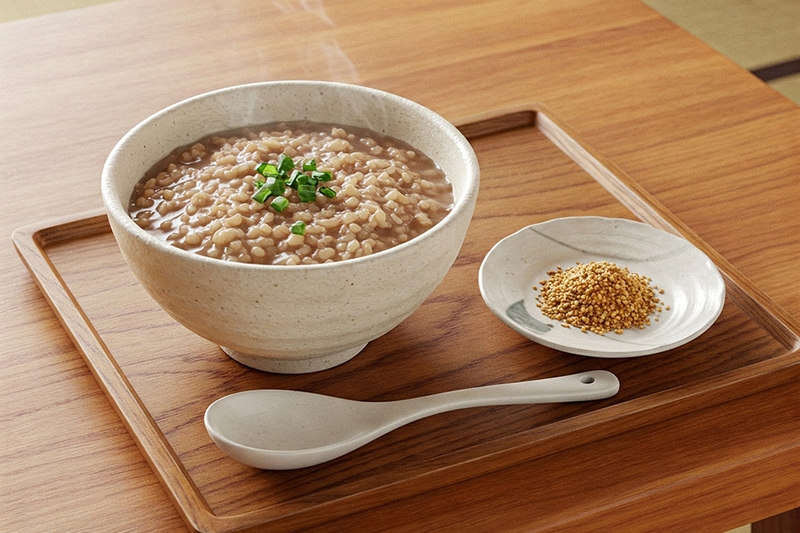 Cháo gạo lứt + muối mè (có thể thêm ít rong biển vụn)