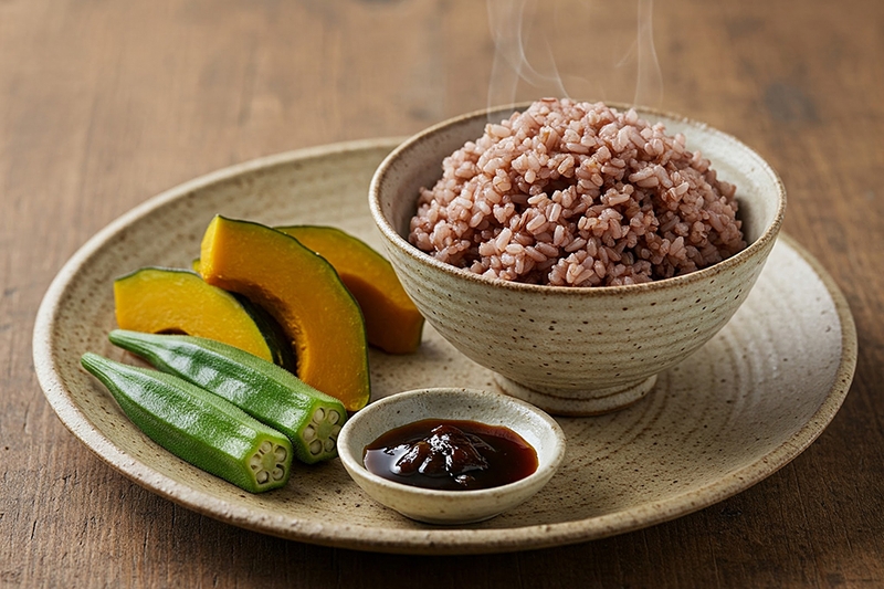 Cơm gạo lứt + bí đỏ hấp + đậu bắp luộc chấm nước tương lên men tự nhiên