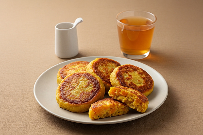 Bánh khoai lang hấp hoặc nướng (nghiền khoai, trộn ít bột gạo lứt) + nước ấm hoặc trà gạo lứt rang