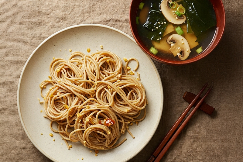 Bún gạo lứt (hoặc bún rau củ) + súp miso với nấm, rong biển wakame