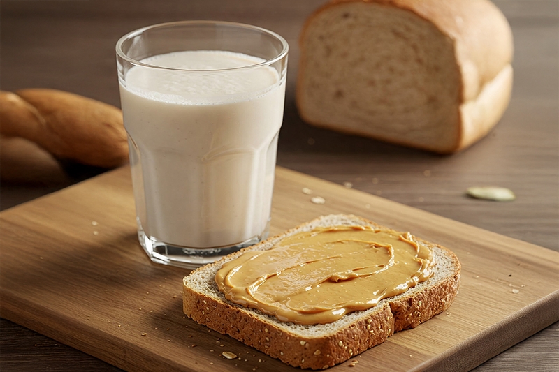 Sữa hạt (hạnh nhân, óc chó…) + bánh mì nguyên cám phết bơ đậu phộng (không đường)