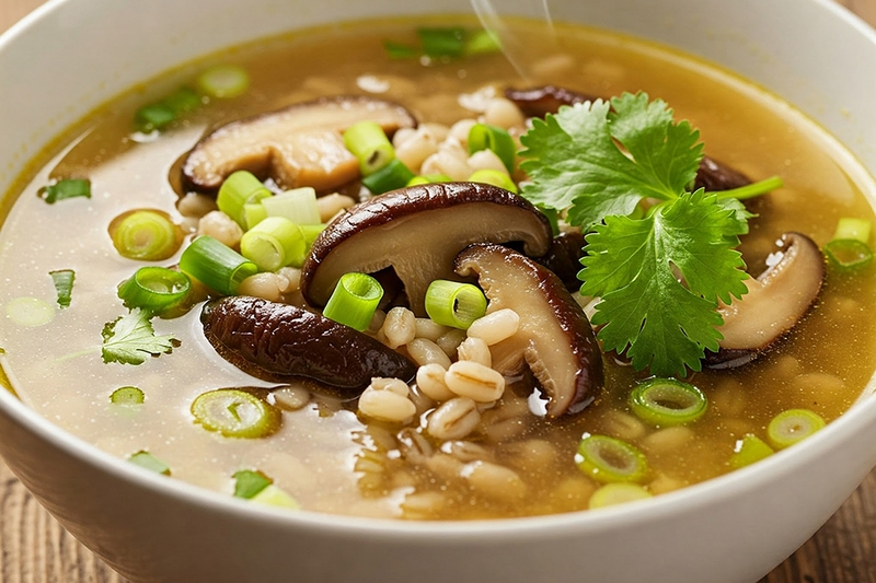 Súp lúa mạch nấu cùng nấm hương, thêm chút hành lá, ngò rí