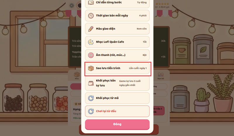 Nhớ sao lưu tiến trình chơi