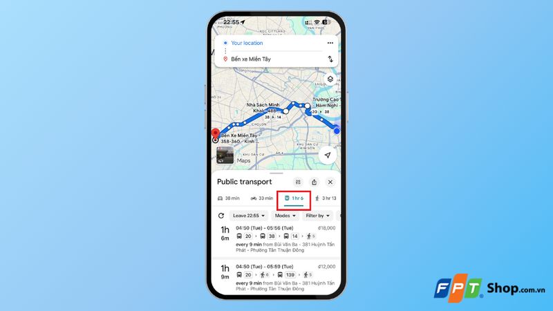Nhấn Directions và chọn tuyến xe buýt 2