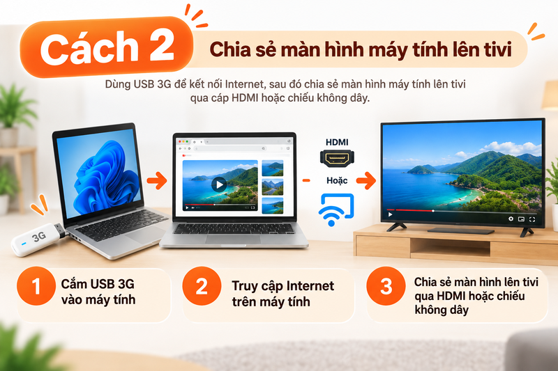 Dùng USB 3G cắm vào máy tính rồi chia sẻ màn hình máy tính