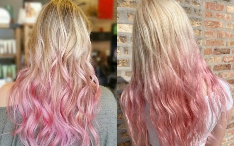 Tóc màu ombre hồng cam đào bạch kim