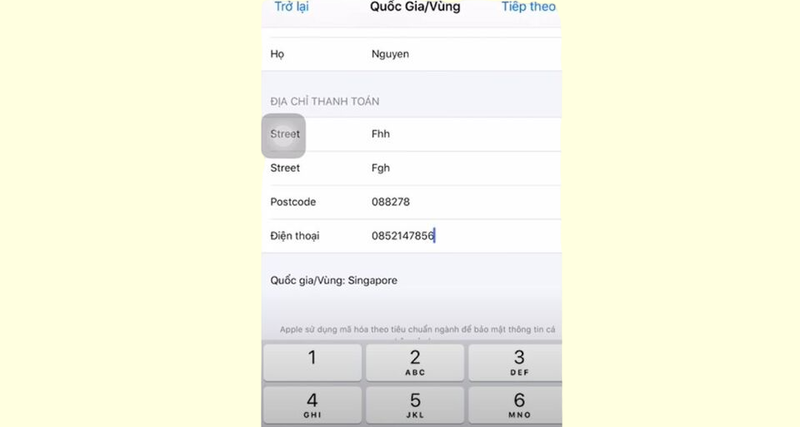 Nhập mã bưu điện hợp lệ tại Singapore