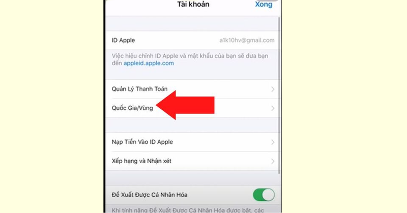 Kéo xuống và tìm tùy chọn “Quốc gia/Vùng”