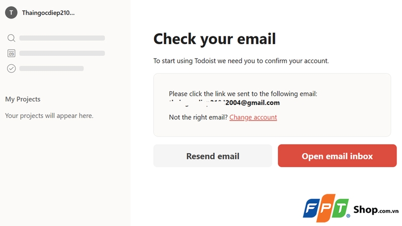 Todoist sẽ gửi thư xác nhận vào email bạn vừa đăng ký