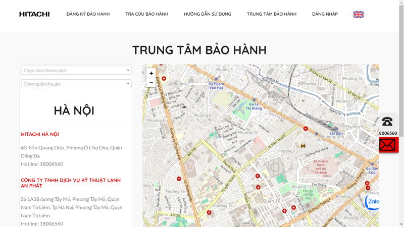 Truy cập vào trang tìm kiếm Trung tâm bảo hành của Hitachi tại đây