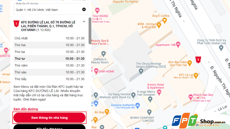 Chọn mục "Xem thông tin nhà hàng"